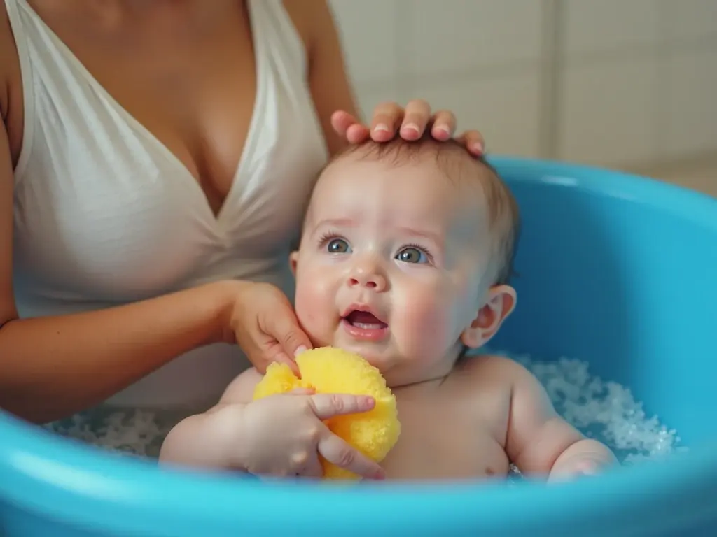 Newborn in baby tub with a small bath toy, supervised and smiling
