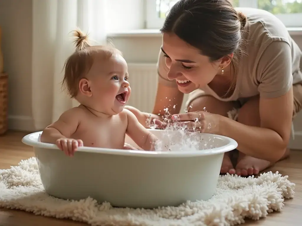 Parent softly shampooing a newborn’s hair while supporting the head and neck
