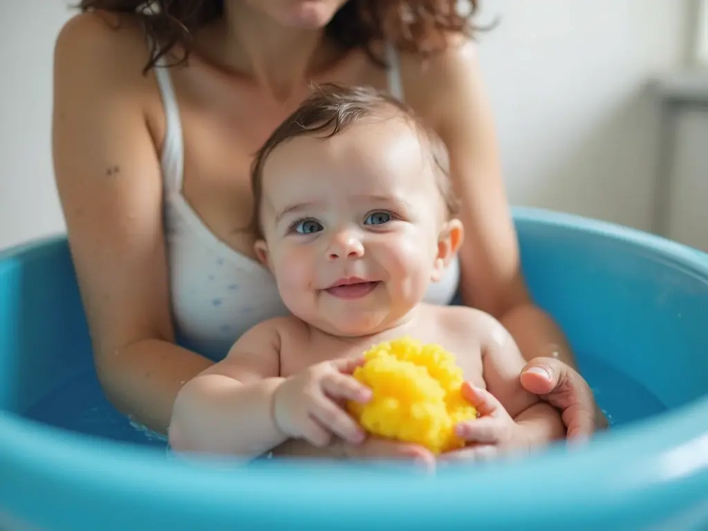 Mom gently bathing a newborn in a baby tub, making bath time fun and safe